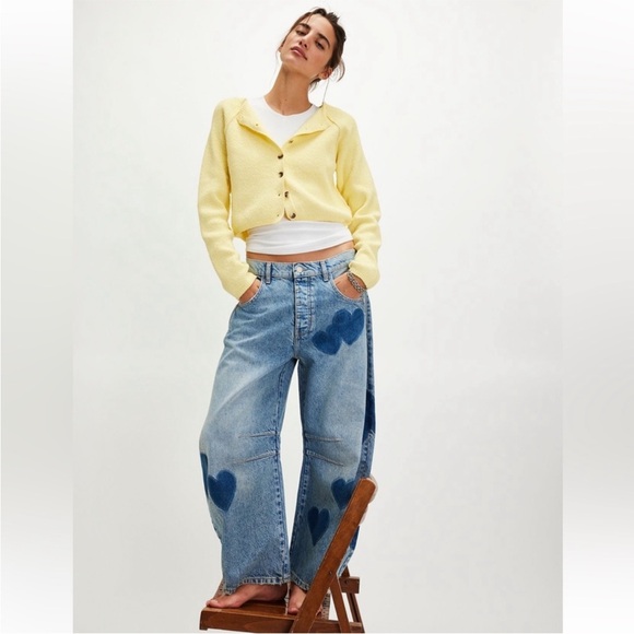 Free People Good Luck Barrel Jeans Heart Print NWOT Viral Wide Leg Denim - Picture 6 of 7